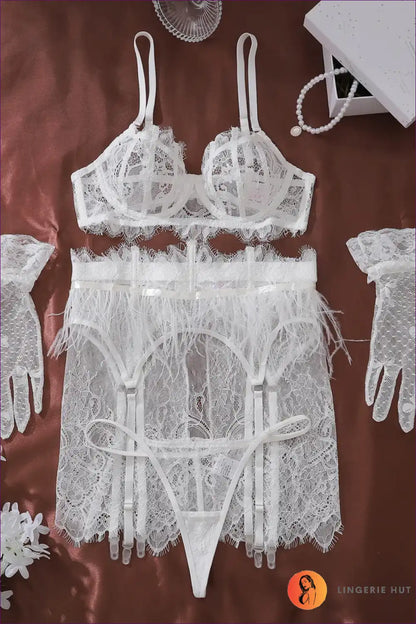 Lingerie Set with Feather Trim and Sheer Lace - Bridal Fantasy for Boudoir, Bra Set, Bridal, Evening Wear,