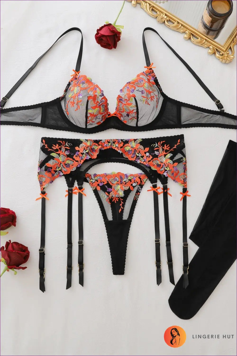 Floral Embroidered Bra Set with Garter Belt - After Dark - s / Black and Orange Color - Lingerie - Boudoir • Date Night