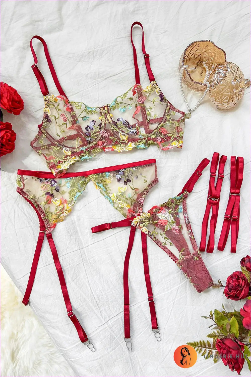 Embroidered Mesh Bra Set - the Honeymoon Edit - s / Red - Lingerie Hut - Boudoir • Cutout • Floral • Garter