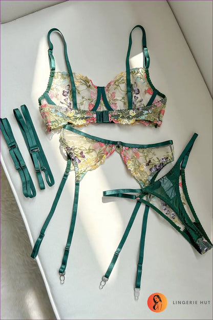Embroidered Mesh Bra Set - the Honeymoon Edit - s / Blackish Green - Lingerie Hut - Boudoir • Cutout • Floral • Garter