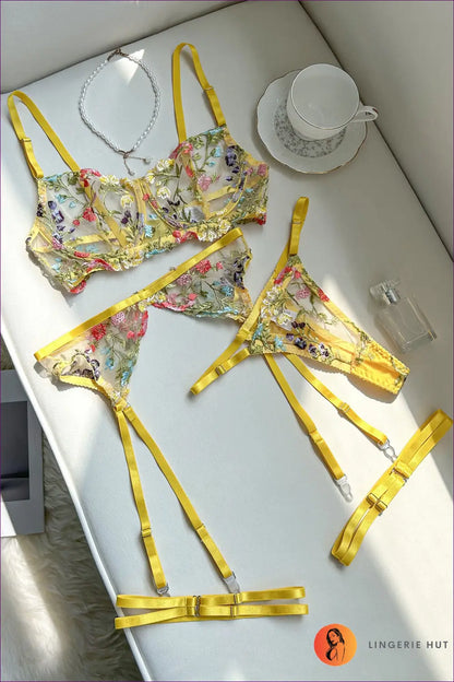 Embroidered Mesh Bra Set - the Honeymoon Edit - s / Yellow - Lingerie Hut - Boudoir • Cutout • Floral • Garter