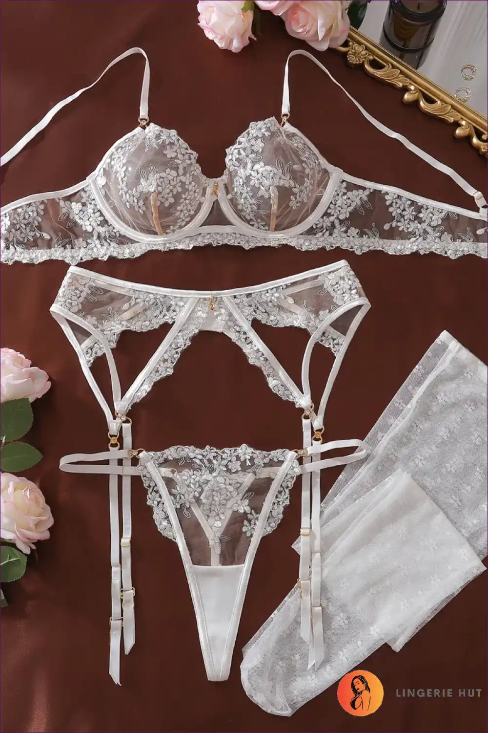 Lingerie Set with Floral Embroidery and Mesh Stockings - Bridal Romance for Boudoir, Bra Set, Bridal,