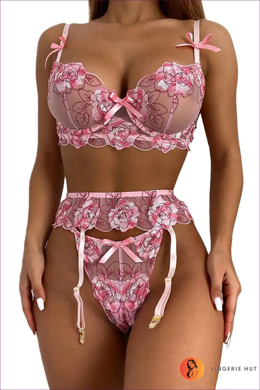 Floral Embroidery Bra Set with Garter - the Honeymoon Edit - s / Pink - Lingerie Hut - Boudoir • Bridal