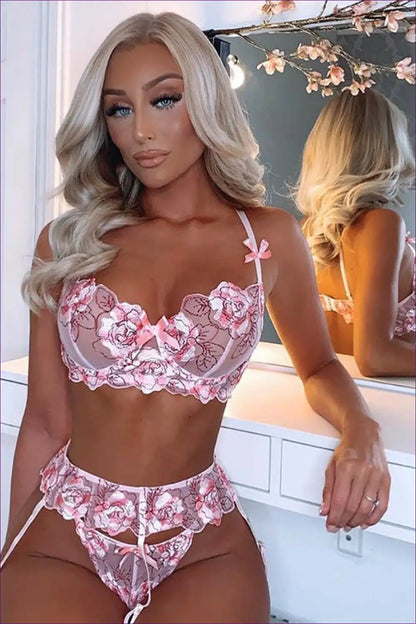Floral Embroidery Bra Set with Garter - the Honeymoon Edit - Lingerie Hut - Boudoir • Bridal