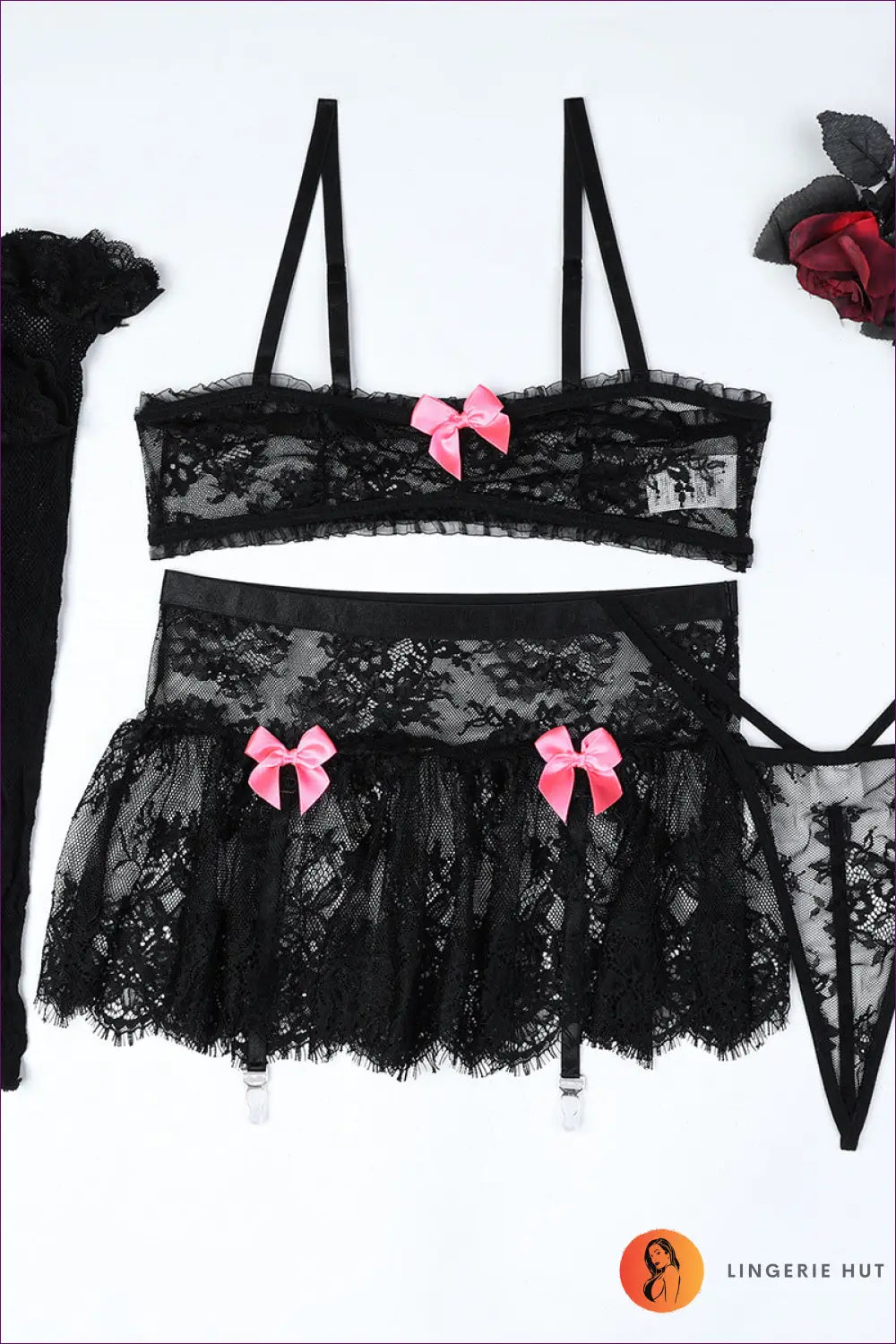 Lingerie Set with Floral Lace - Romantic Evenings - s / Black - Bra - Hut - All Season • Boudoir • Garter