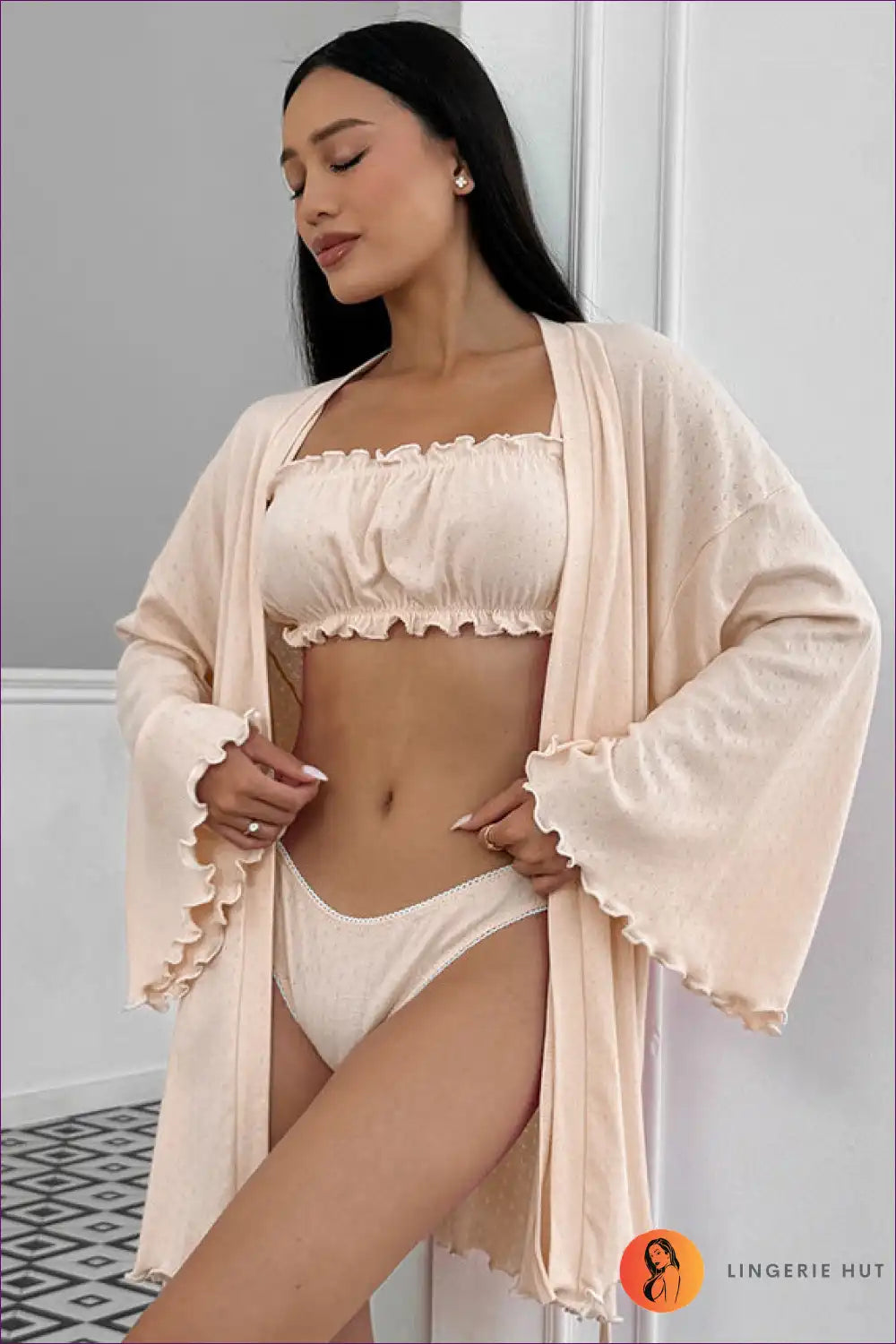 Lingerie Set with Flowing Robe - Bridal Suite Romance for All Season, Boho, Boudoir, Bridal, Chiffon