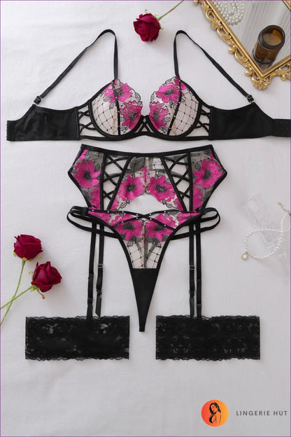 Lingerie Set with Garter Strap Detail - After Dark Energy - s / Black - Bras & Panty Sets - Fishnet • Floral
