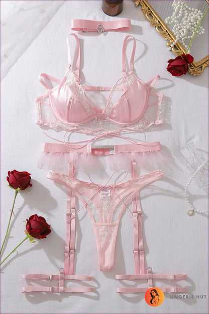 Lingerie Set with Garter Strap Detail - Private Luxury - s / Pink - Bras & Panty Sets - just in • Lace • Sexy - Wooyi