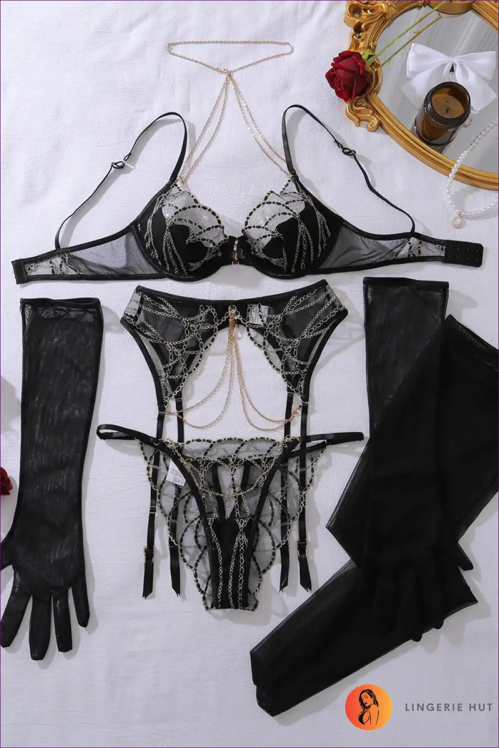 Lingerie Set with Gold Chain Embroidery - Holiday Romance Mood for Boudoir, Bra Set, Date Night, Evening