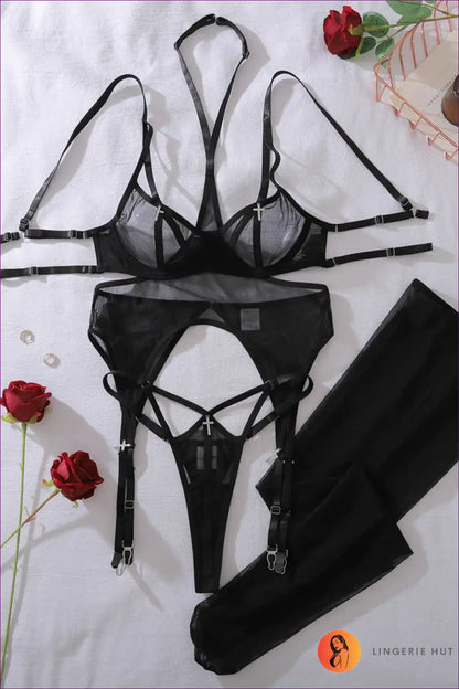 Lingerie Set with Halter Belt - Rhinestone Harness & Stockings for Backless, Boudoir, Bra Set, Clubwear, Date