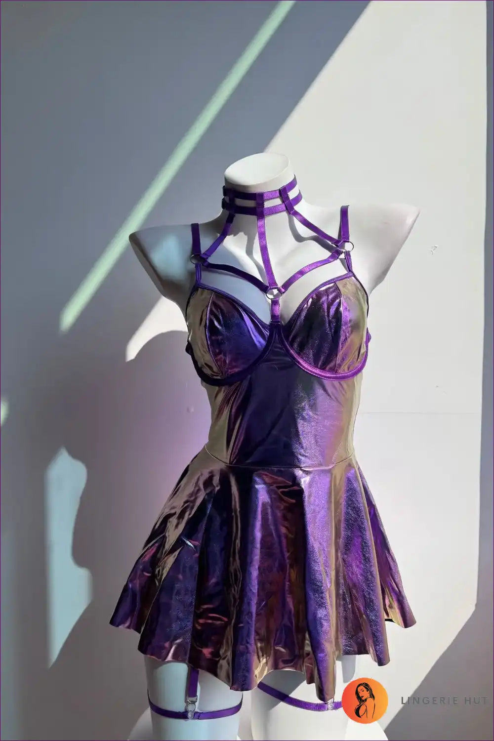 Lingerie Set with Halter Leather Top & Thong - Patchwork Club Style for Clubwear, Cutout, Halter, just In,