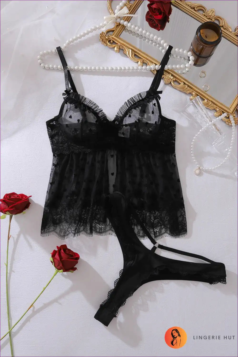 Lingerie Set with Heart Mesh Panels - Intimate Evenings for A-line, All Season, Boudoir, Bra Set, Casual