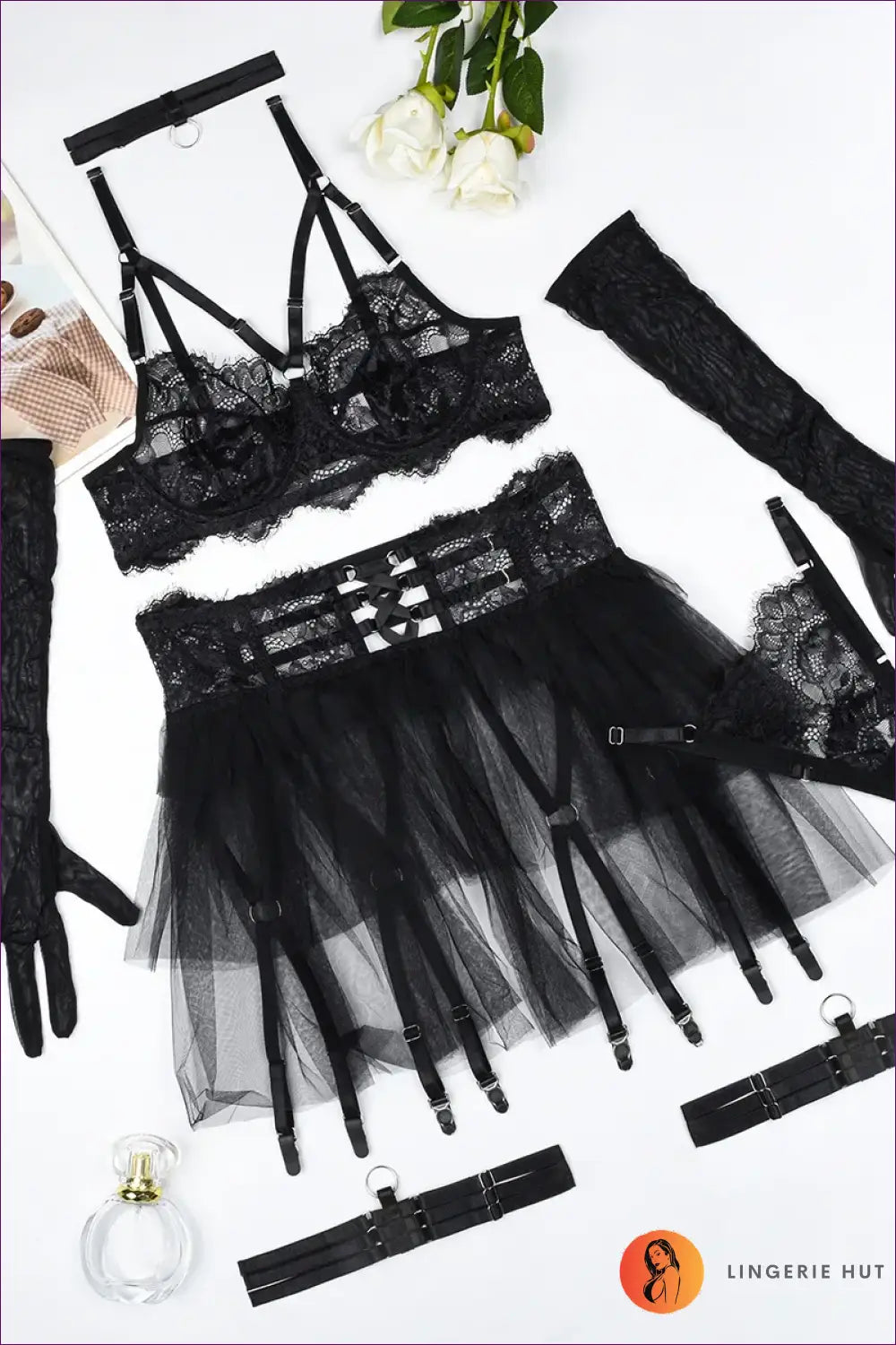 Lingerie Set with Lace Bra & Ruffle Skirt - Bold Bedroom Drama - Black / s - All Season • Boudoir • Evening Wear