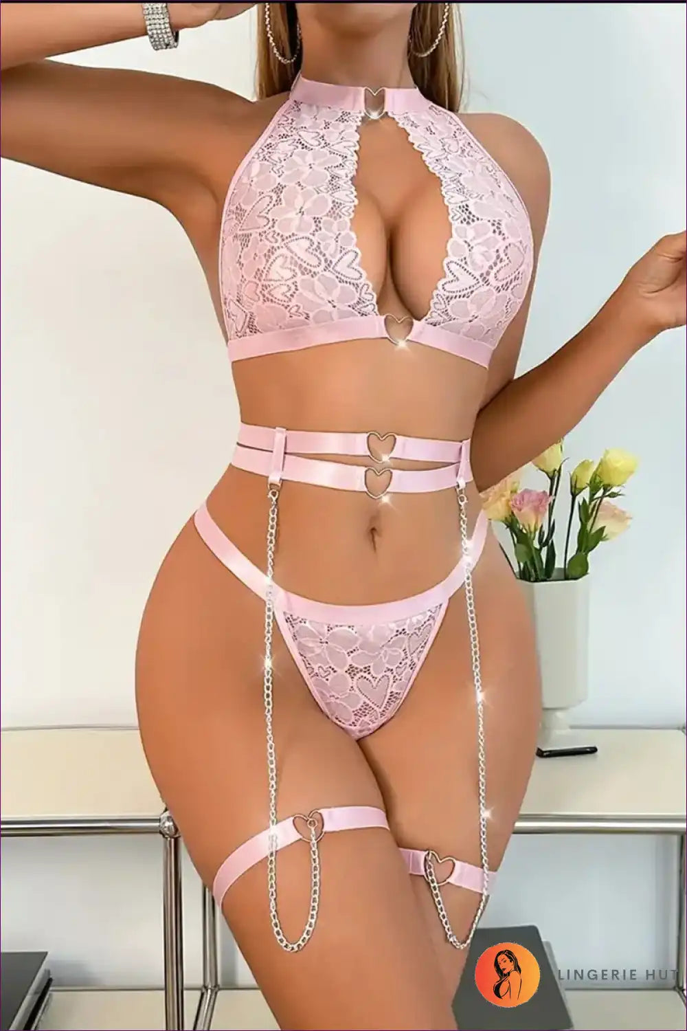 Lingerie Set with Lace Halter & Heart Chains - Bedroom Confidence for Boudoir, Bra Set, Cutout, Date Night,