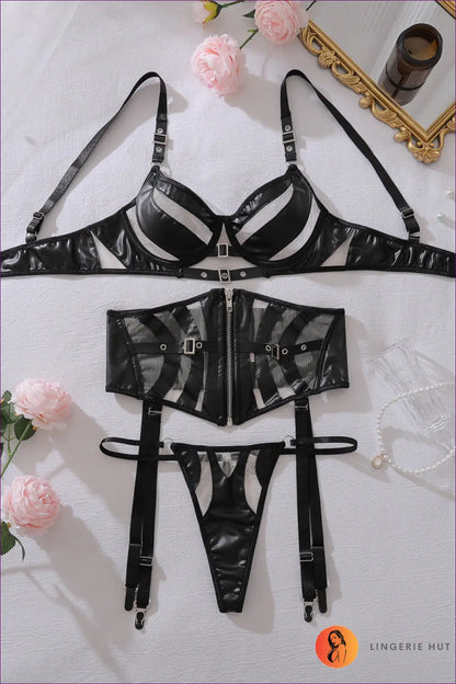 Lingerie Set with Leather Stitching Detail - Bold Confidence - s / Black - Bra • Glamour • just in • Mesh - Hut