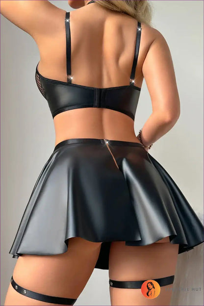 Lingerie Set with Mesh Harness Bra & Skater Skirt - Bold Bedroom Drama for Boudoir, Set, Date Night, Fishnet,