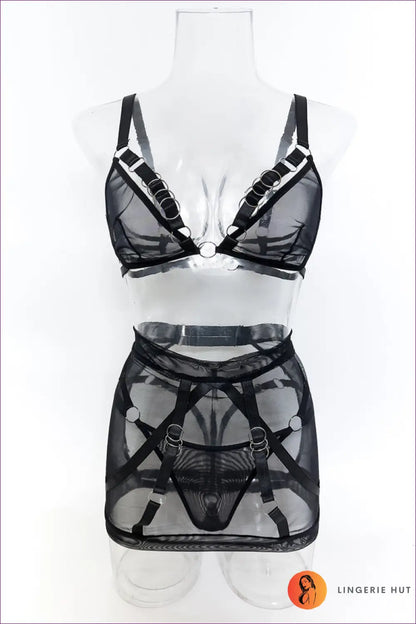Black Sheer Mesh Bra Set with O-ring Harness Detail - Bold Confidence - s / Lingerie - Boudoir • Date Night