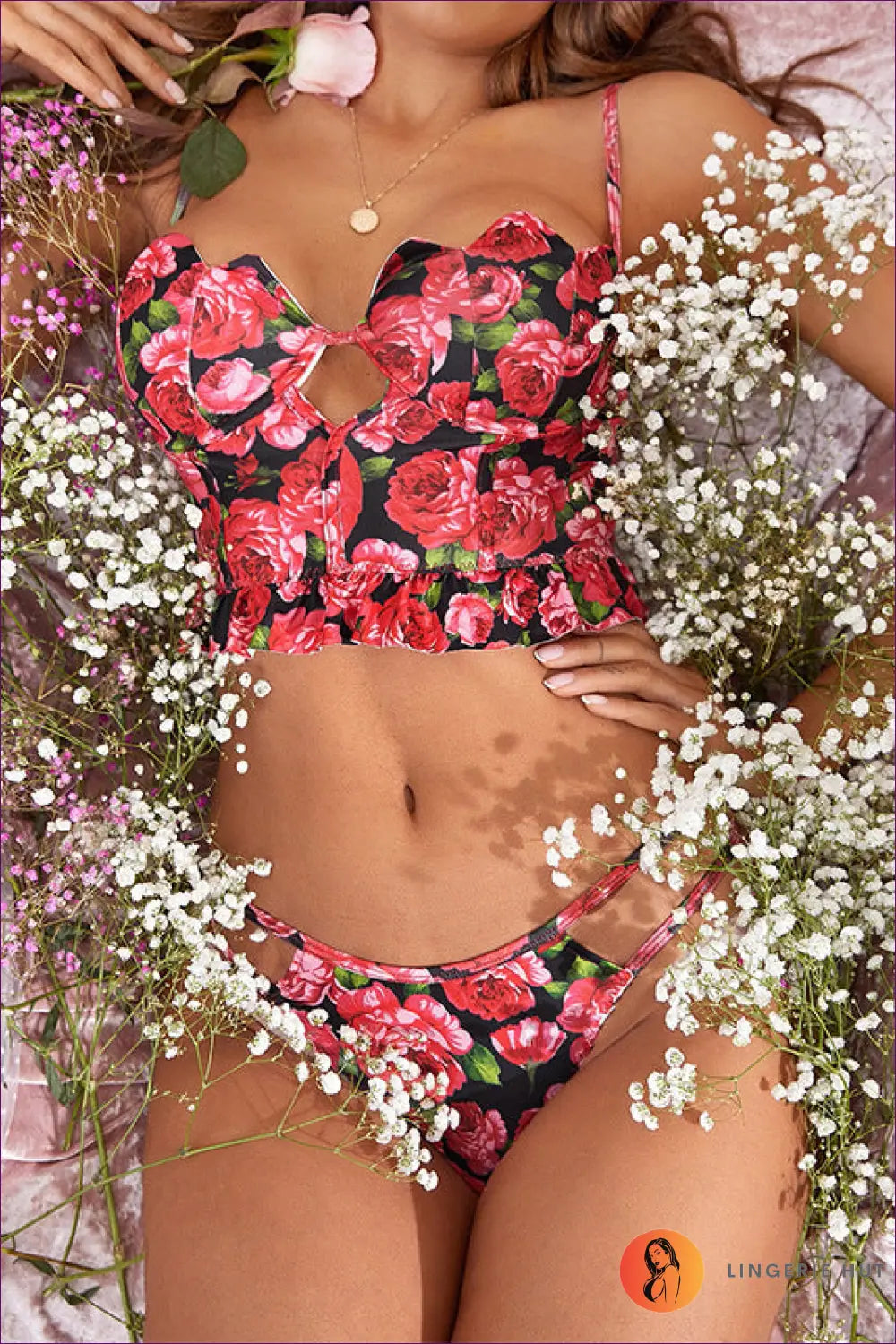 Lingerie Set with Open Design Detail - Midnight Charm - Boudoir • Bra • Floral • just in • Polyester - Hut