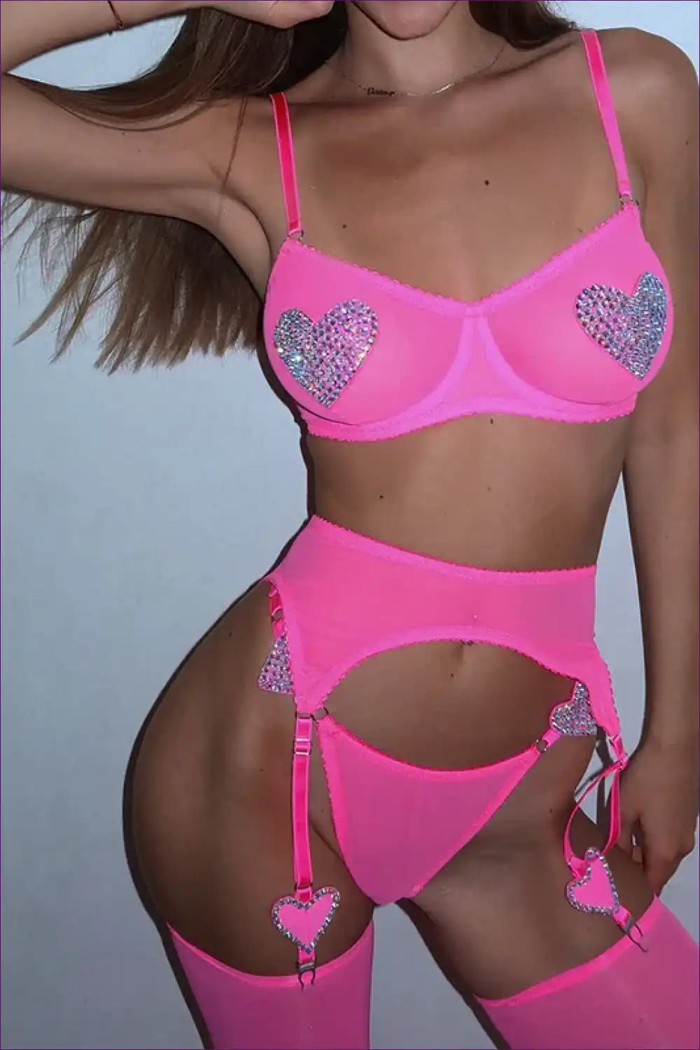 Lingerie Set with Rhinestone Hearts and Mesh - Festival Fantasy for Boudoir, Bra Set, Clubwear, Garter,