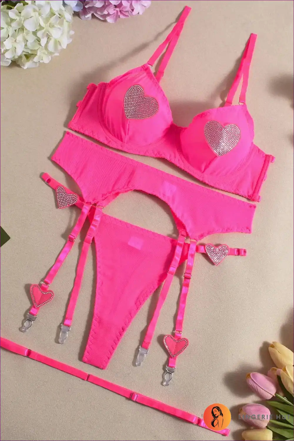 Lingerie Set with Rhinestone Hearts and Mesh - Festival Fantasy for Boudoir, Bra Set, Clubwear, Garter,