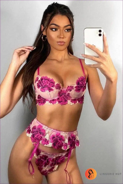 Lingerie Set with Rose Embroidery - Blooming Elegance for Boudoir, Bra Set, Cutout, Floral, Garter