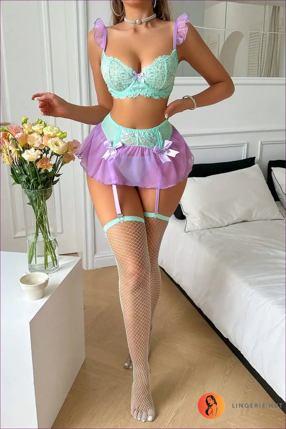 Lingerie Set with Ruffled Straps and Sheer Skirt - Playful Bedroom Mood - Bra - Hut - Boudoir • Garter • Honeymoon