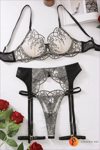 Lingerie Set with Sheer Embroidered Lace - Intimate Artistry for All Season, Boudoir, Bra Set, Floral, Garter