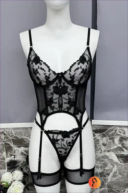 Lingerie Set with Sheer Embroidery - Push Up Bra & Panty for Boudoir, Set, Date Night, Everyday, Floral