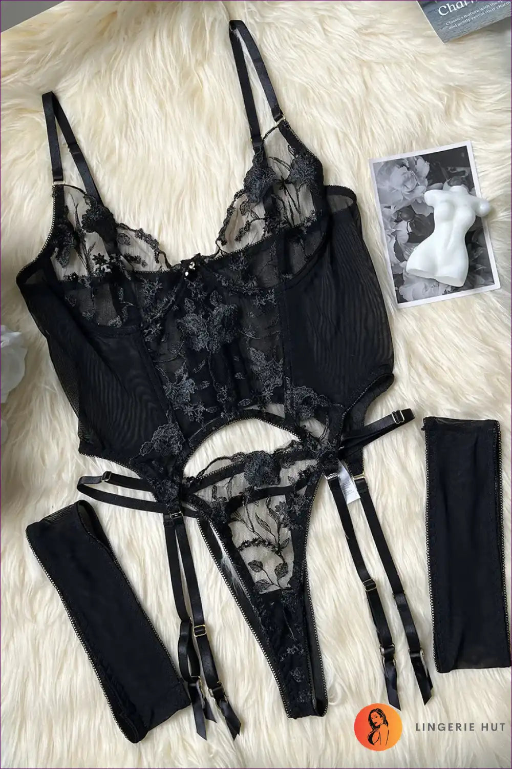 Lingerie Set with Sheer Embroidery - Push Up Bra & Panty for Boudoir, Set, Date Night, Everyday, Floral