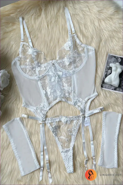 Lingerie Set with Sheer Embroidery - Push Up Bra & Panty for Boudoir, Set, Date Night, Everyday, Floral