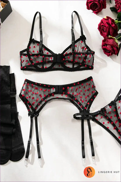 Lingerie Set with Sheer Heart Embroidery - Playful Bedroom Mood for Boudoir, Bra Set, Date Night, Garter,