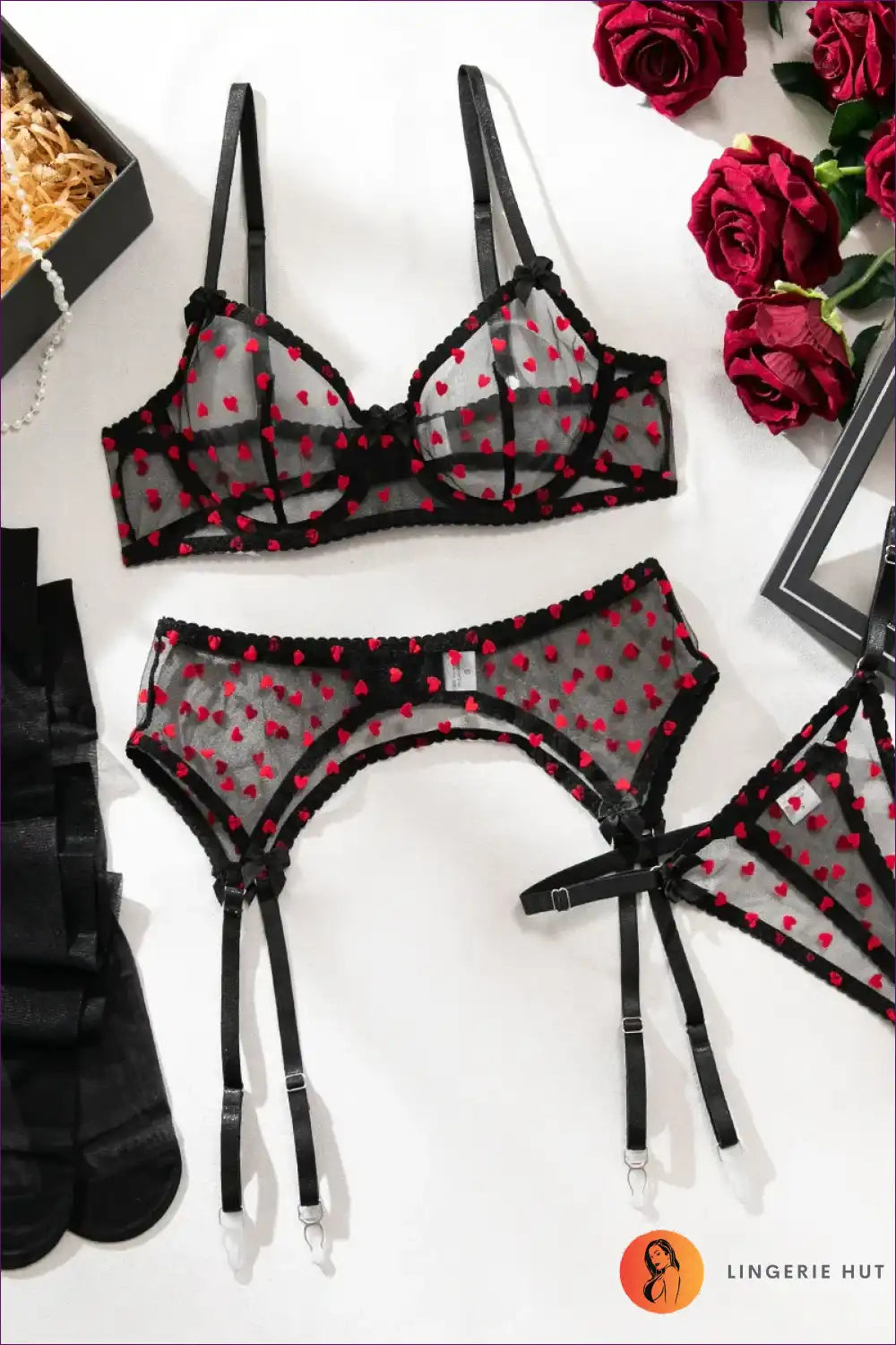 Lingerie Set with Sheer Heart Embroidery - Playful Bedroom Mood for Boudoir, Bra Set, Date Night, Garter,