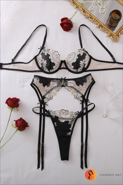 Lingerie Set with Statement Detail - After Dark Energy - s / Black - Bras & Panty Sets - Floral • just in • Lace • Sexy