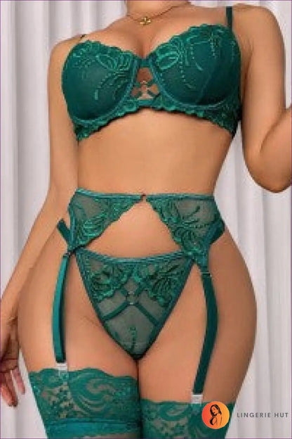 Embroidered Lace Bra Set with Garter Belt - After Dark - s / Blackish Green - Bras & Panty Sets - Boudoir • Date Night