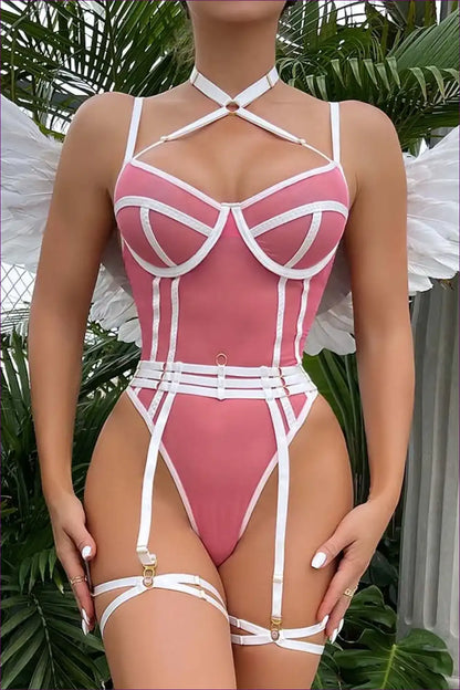 Lingerie Set with Strappy Harness - Angelic Statement Energy for Bodysuit, Boudoir, Cutout, Date Night,