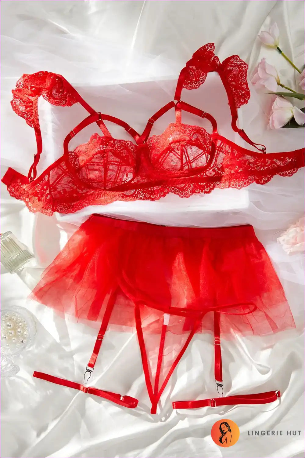 Lingerie Set with Tulle Skirt and Garter – Playful Dreamscape for All Season, Boudoir, Bra Set, Garter,
