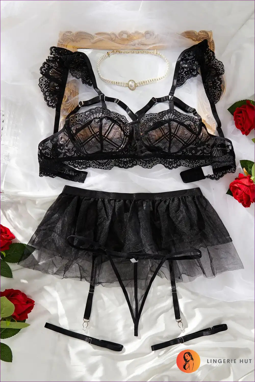 Lingerie Set with Tulle Skirt and Garter – Playful Dreamscape for All Season, Boudoir, Bra Set, Garter,