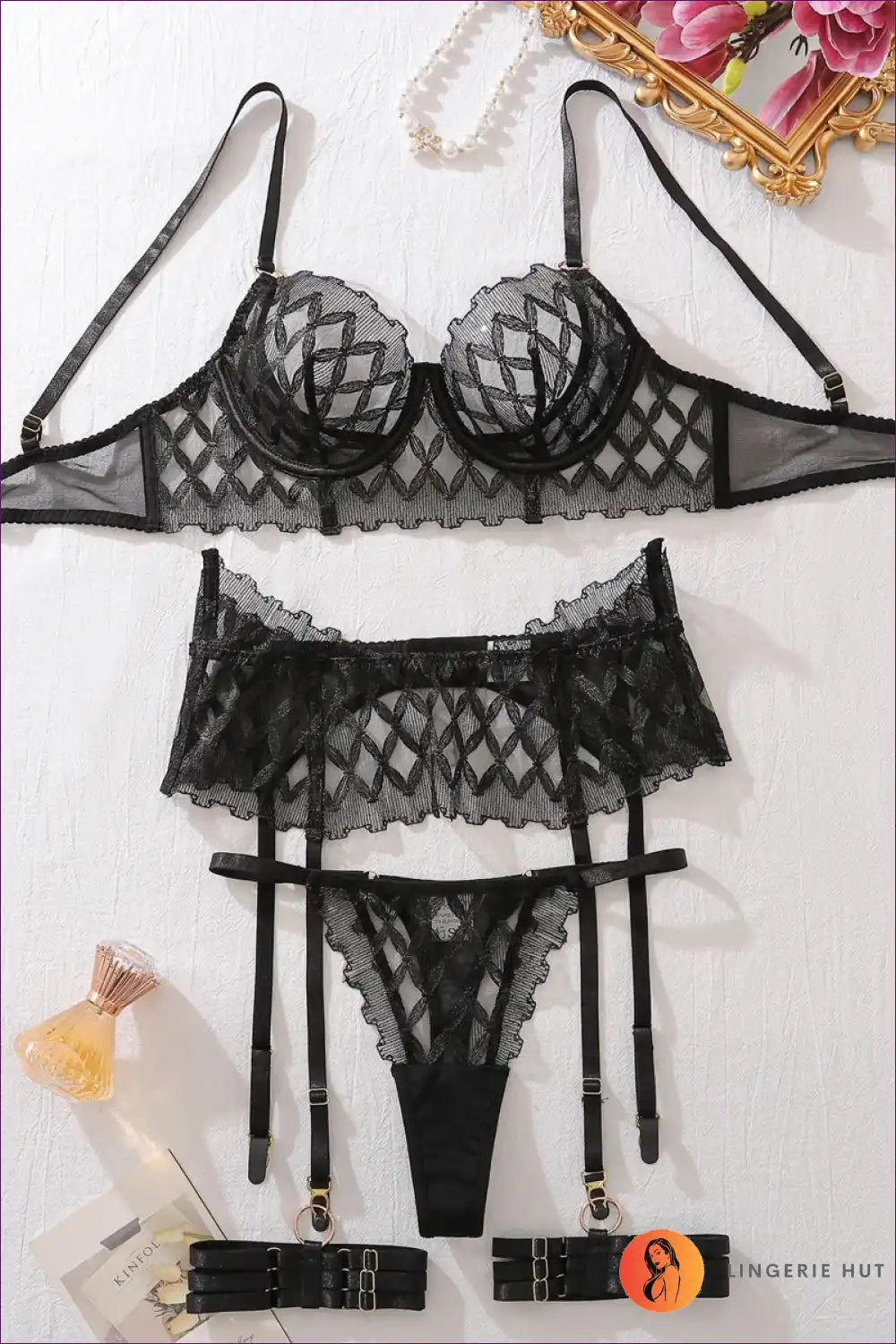 Lingerie Set with Zigzag Lace and Garter Belt - Statement Confidence for Boudoir, Bra Set, Date Night,