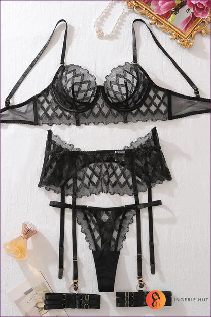 Lingerie Set with Zigzag Lace and Garter Belt - Statement Confidence for Boudoir, Bra Set, Date Night,