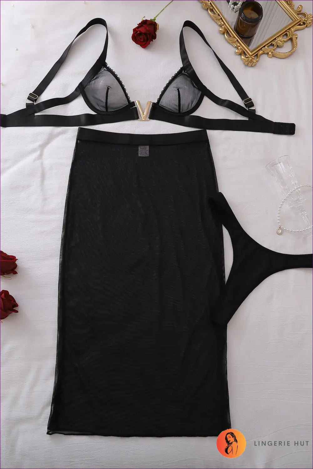 Lingerie Skirt Set with Metal Buckle Detail - Bold Confidence - s / Black - Bras & Panty Sets - Boudoir • Bra • Date