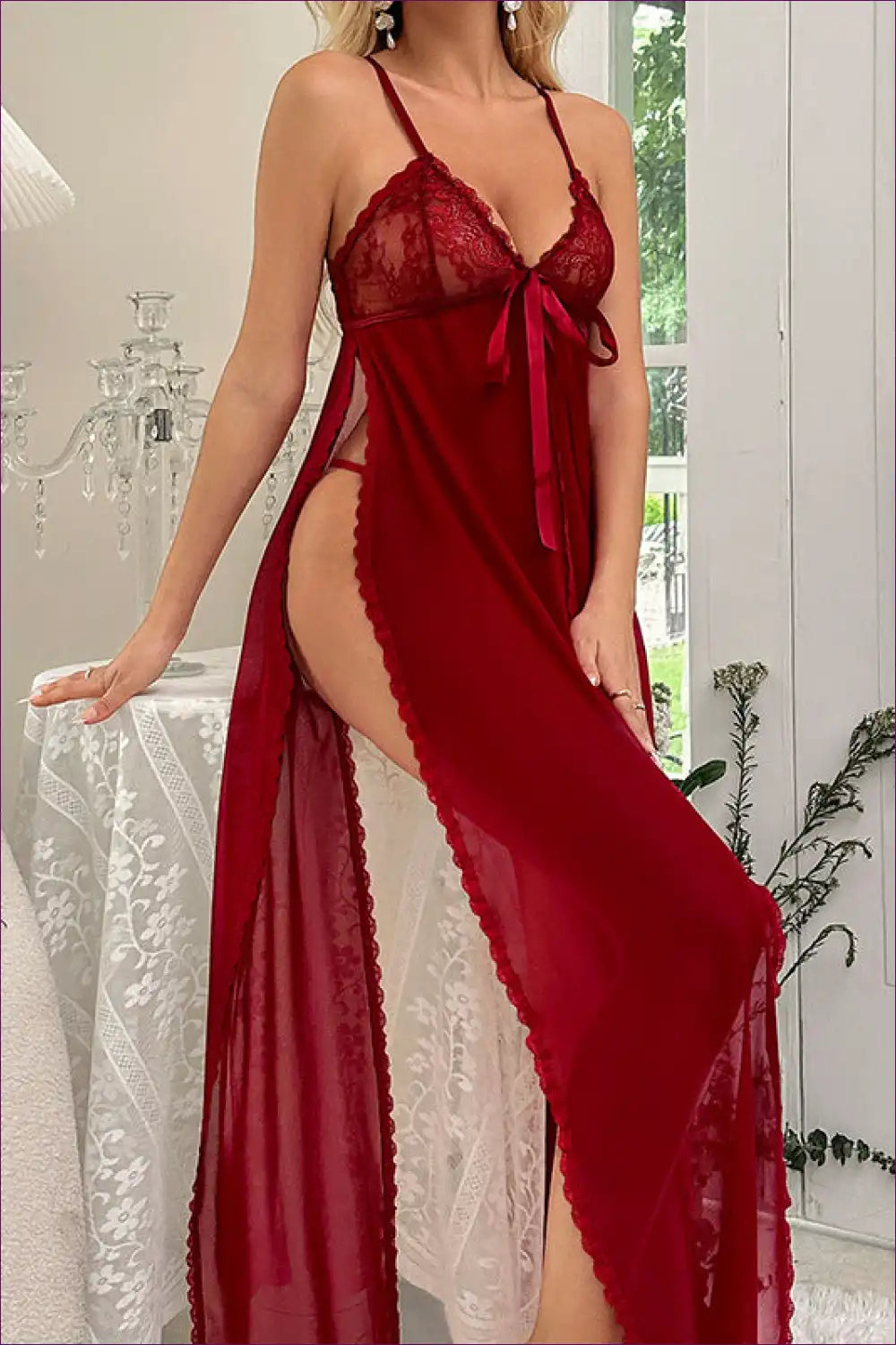 Long Babydoll with Deep Split and Bow Detail - Evening Allure for Babydoll, Boudoir, Evening Wear, Honeymoon,