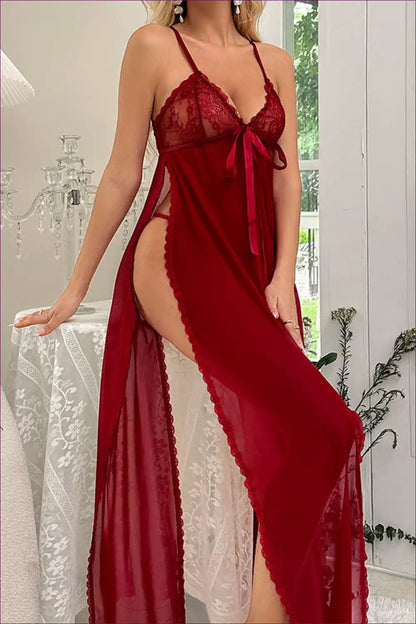 Long Babydoll with Deep Split and Bow Detail - Evening Allure for Babydoll, Boudoir, Evening Wear, Honeymoon,