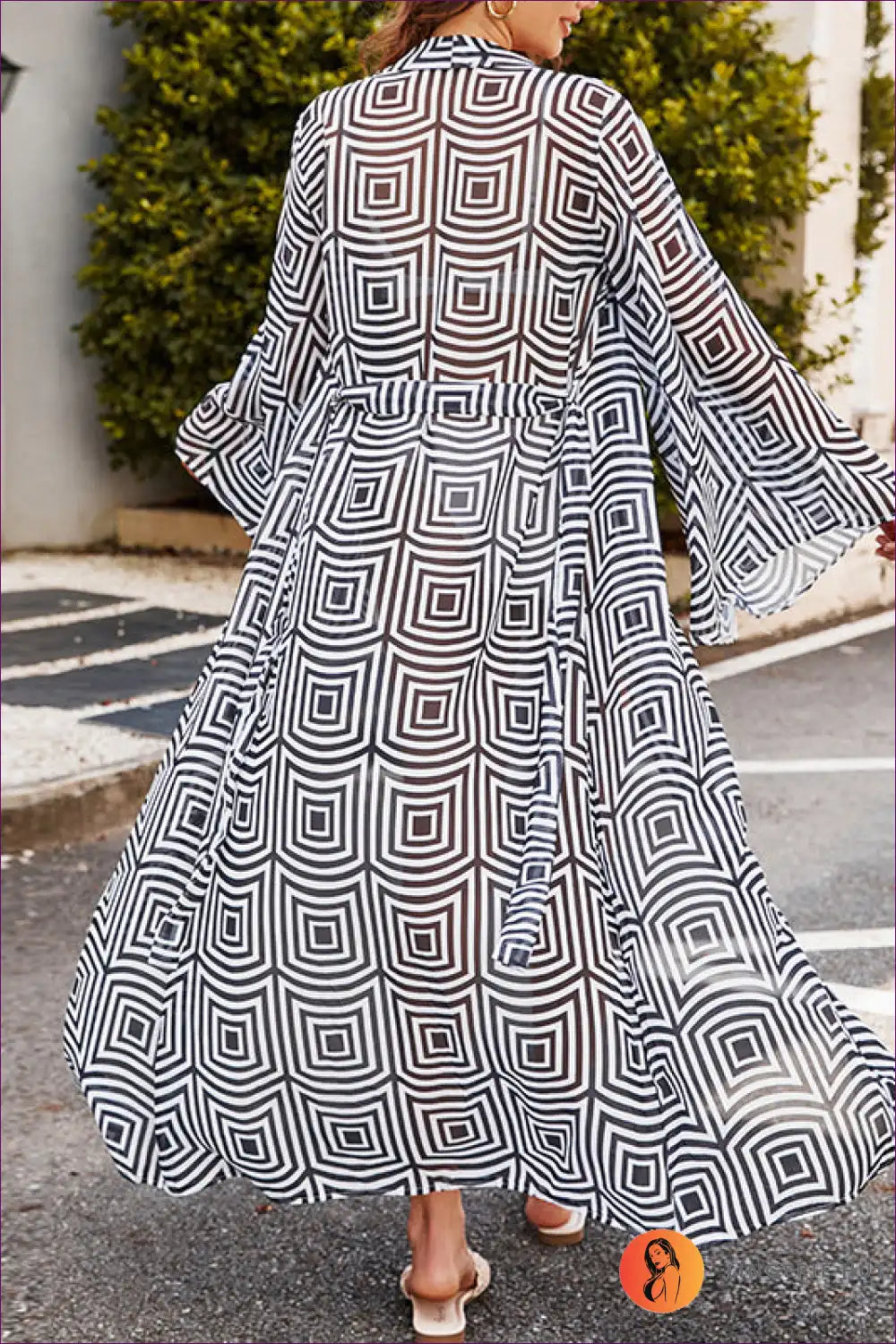 Long Cardigan with Geometric Print - Effortless Holiday Layer for Beachwear, Boho, Casual, Chiffon, Cover Up