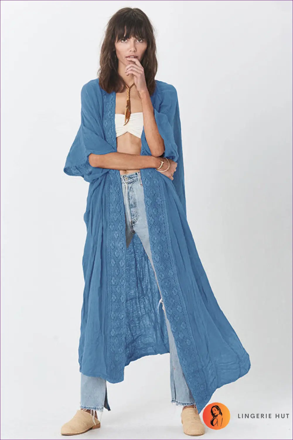 Long Cover-up with Embroidered Front - Slow Afternoons - one Size / Blue - Cover Up - Beachwear • Boho • Casual