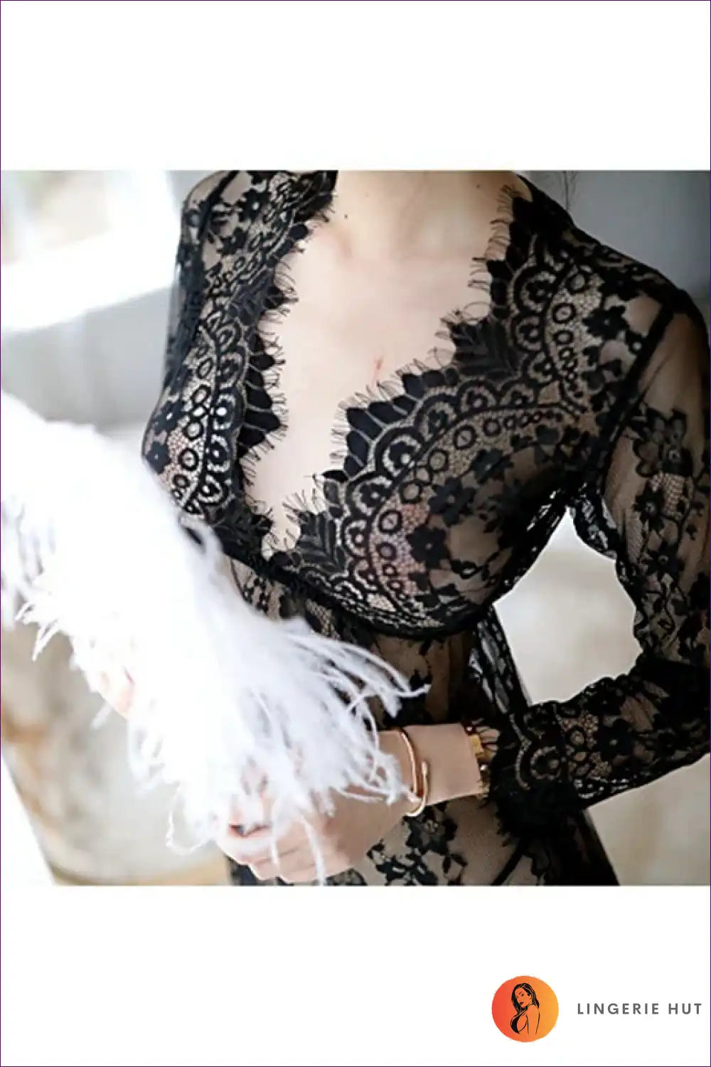 Long Lace Nightgown with Plunge Neck and Sheer Sleeves - Dreamscape Mood for Boudoir, Bridal, Evening Wear,