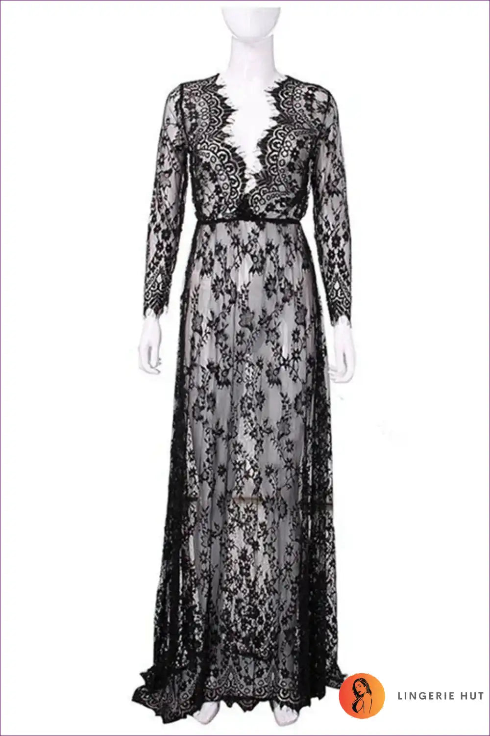 Long Lace Nightgown with Plunge Neck and Sheer Sleeves - Dreamscape Mood for Boudoir, Bridal, Evening Wear,