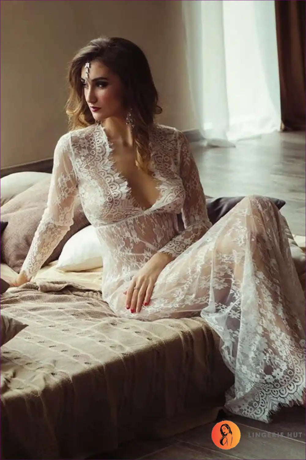 Long Lace Nightgown with Plunge Neck and Sheer Sleeves - Dreamscape Mood for Boudoir, Bridal, Evening Wear,