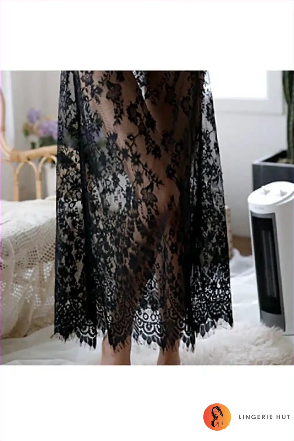 Long Lace Nightgown with Plunge Neck and Sheer Sleeves - Dreamscape Mood for Boudoir, Bridal, Evening Wear,