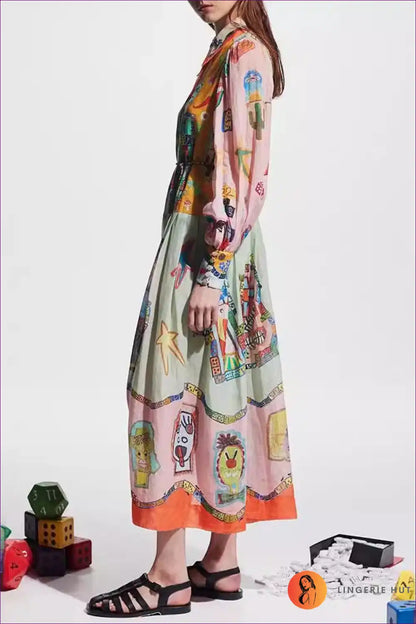 Long Lantern Sleeve Graffiti Shirt Dress - Drawstring Waist for Casual, Dresses, Everyday, Spring, Summer