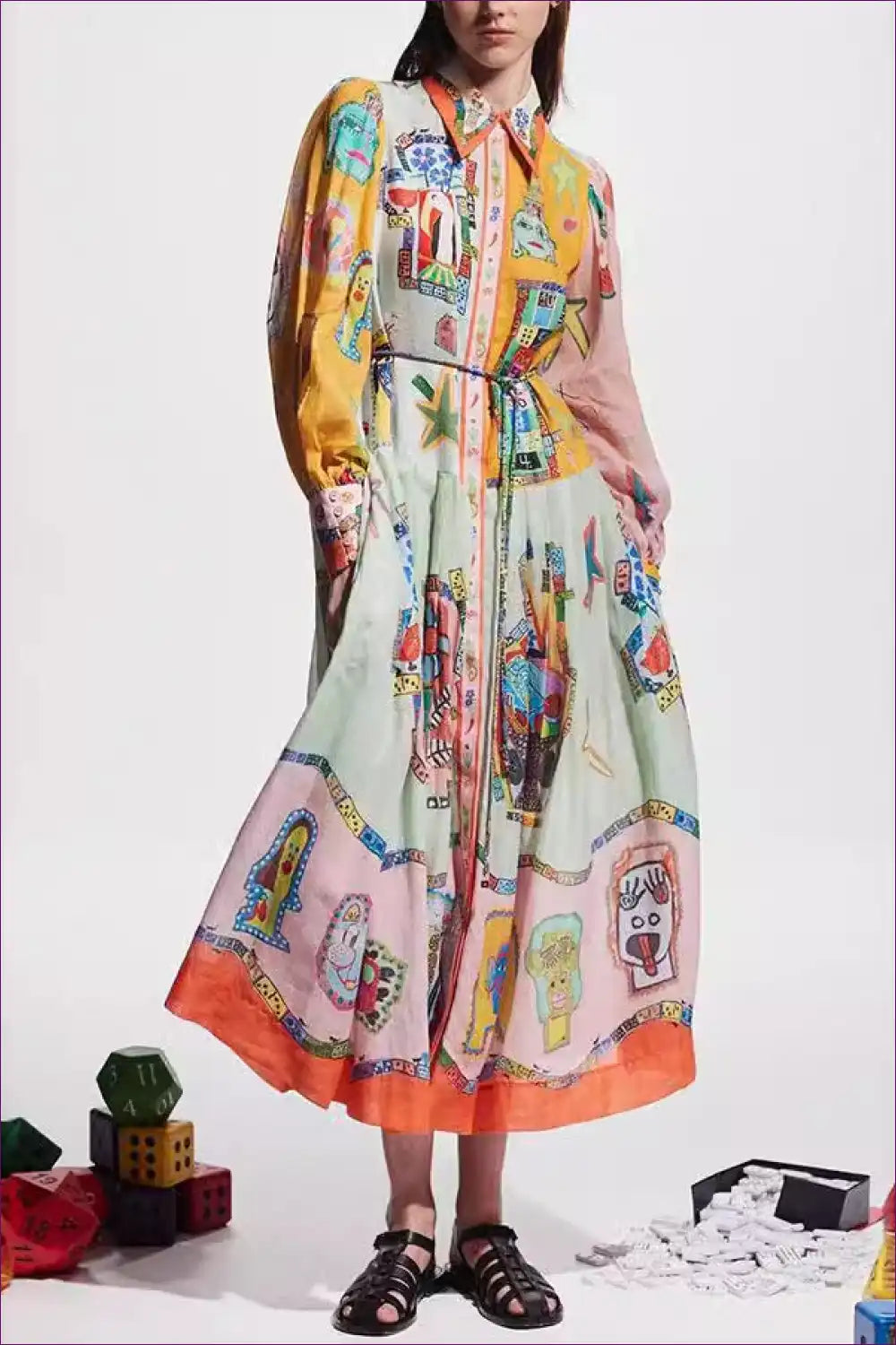 Long Lantern Sleeve Graffiti Shirt Dress - Drawstring Waist for Casual, Dresses, Everyday, Spring, Summer